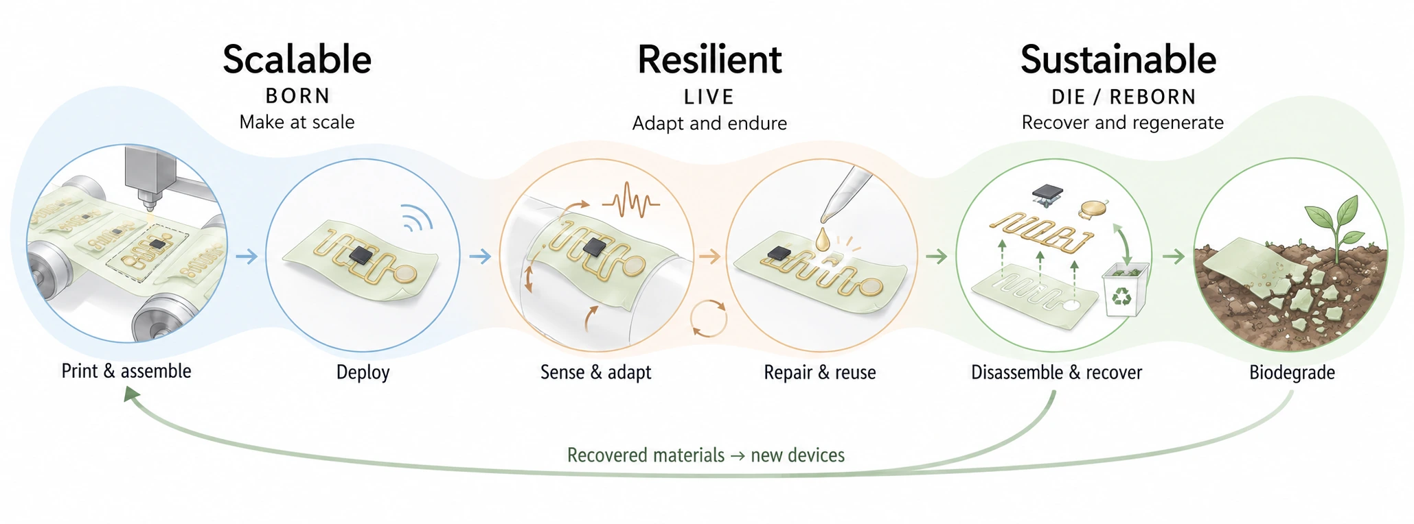 Device life cycle: print and assemble, deploy, sense and adapt, repair and reuse, disassemble and recover, and biodegrade. Recovered materials feed into new devices.